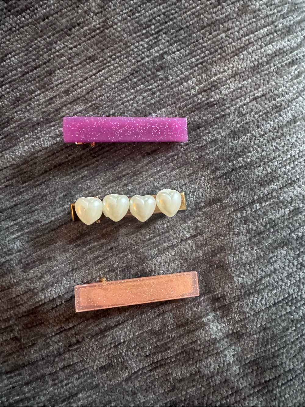Set of 3 Girl’s Hair Clips - Pink, Purple, Pearl Heart